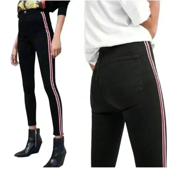 Zara Basics Z1975 Denim Navy Skinny Jeans Red White Stripe Sides Stretchy Size 4 - Picture 4 of 12